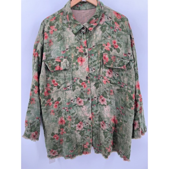 Buykud Tops - Shabby Chic Top Womens XL Olive Pink Floral 100% Cotton Cottage Country Boho NEW